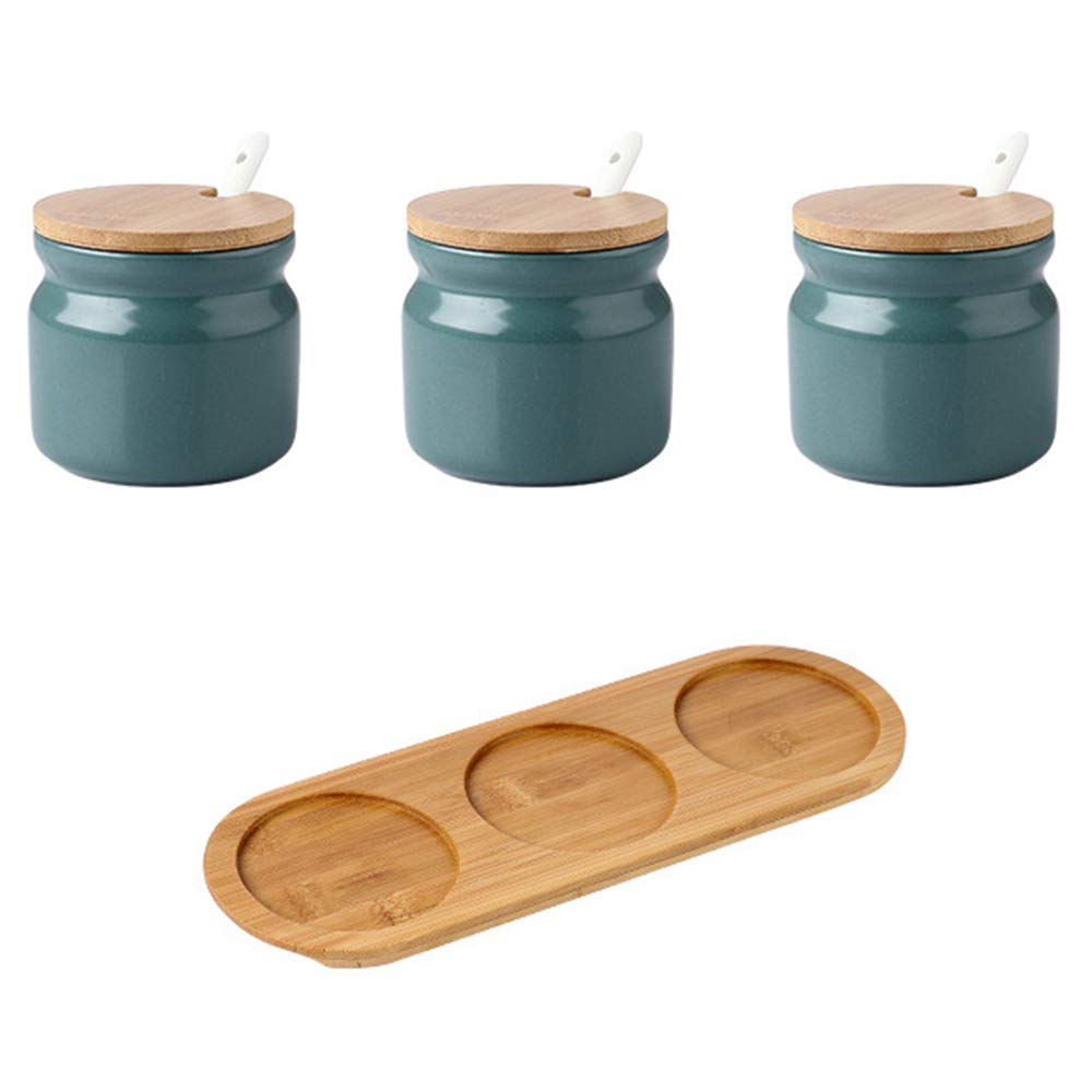 Onepine Dark Green Set Of 3 Sugar Bowl, 300Ml Ceramic Spice Jar Seasoning Container Salt Jar With Bamboo Lid And Ceramic Spoon For Kitchen
