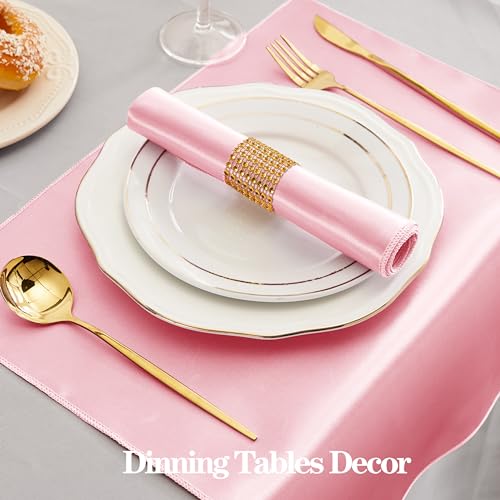 RUDONG M 100 Pcs Light Pink Satin Napkins and Napkin Rings Set, 17 x 17 Inch Square Cloth Napkins Set of 50, Silky Soft Table Napkins Bulk for Weddings, Banquet, Parties Dinner Decoration