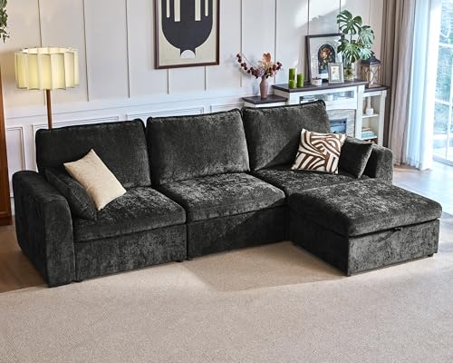 Image of 124.8'' Oversized Modular Sofa Comfy Cloud Couch with Storage Wide L-Shaped Sectional Sofa Set with Chaise for Living Room, Covers Washable, 4-Seater with Ottoman, Chenille, Black