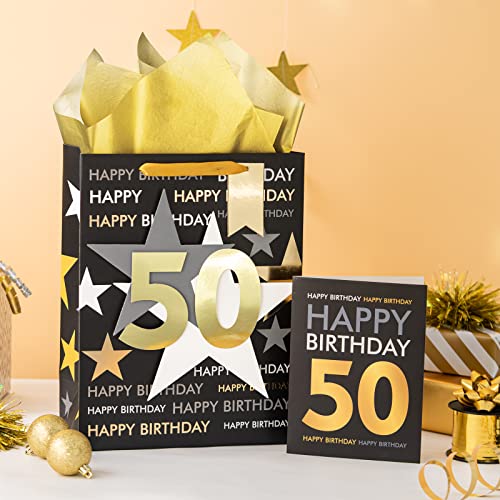 Image of Loveinside Birthday Gift Bag with Tissue Paper and Greeting Card for 50 Birthday - 13 inch x 10 inch x 5 inch, 1 Pcs, Black Gold