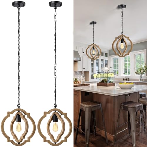 Sheetea 2-Pack Farmhouse Pendant Light Fixtures, Wood Grain Hanging Lights