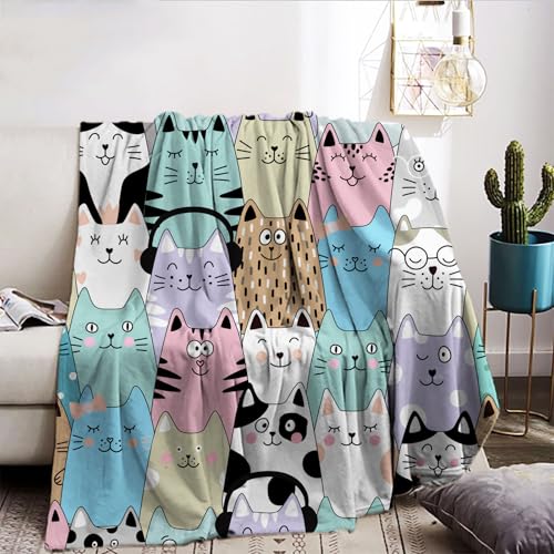 Couverture avec motif de chat 130x150cm, Couverture en polaire avec impression animale 3D de style dessin animé, Couverture en polaire douce et chaude comme...