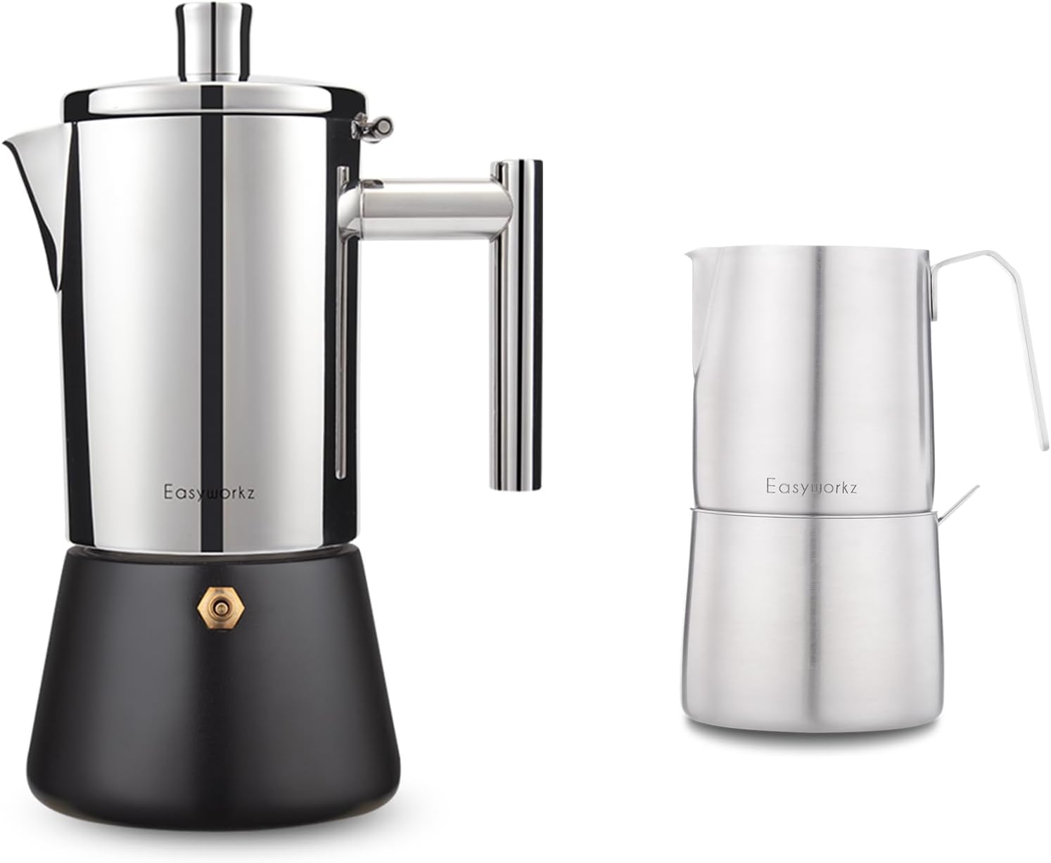 Easyworkz Diego Stovetop Espresso Maker Stainless Steel 6Cup 10 oz Moka Pot, Bundled Stainless Steel 304 Creamer and Sugar Bowl with Spoon Coffee Serving Set, Brushed Silver