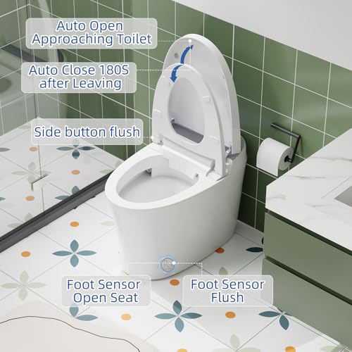 Inodoro inteligente blanco, cerámica y plástico, tapa automática con sensor, descarga sin tocar con sensor de pie y al levantarse, asiento calefactado, luz nocturna, lavado femenino, control remoto, inodoro monobloque alargado miniatura 2