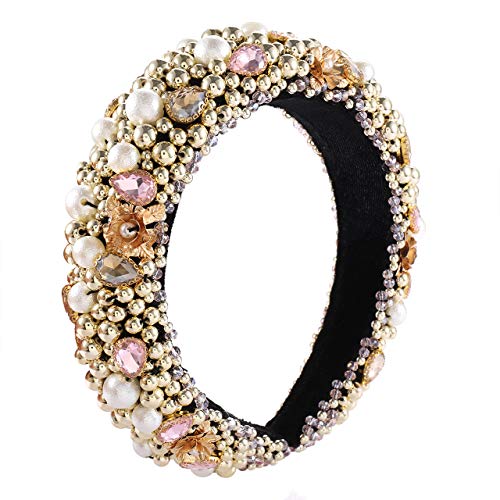 BSJELL Beaded Padded Headband for Women Gold Beaded Ball Teardrop Crystal Embellished Headband Hair Accessories (Gold)