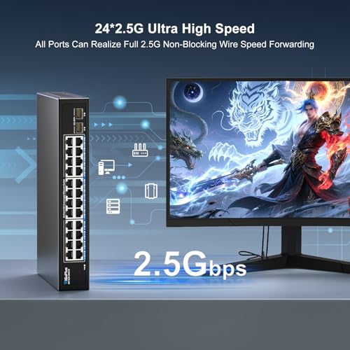Image of 26 Port 2.5Gb Unmanaged Ethernet Switch with 24* 2.5G Base-T Ports, 2* 10G SFP+ Ports. GiGaPlus 2.5Gbps Network Switch for 2.5Gbps NAS /PC, WiFi6 Router, Wireless AP. Fanless Design, Plug and Play