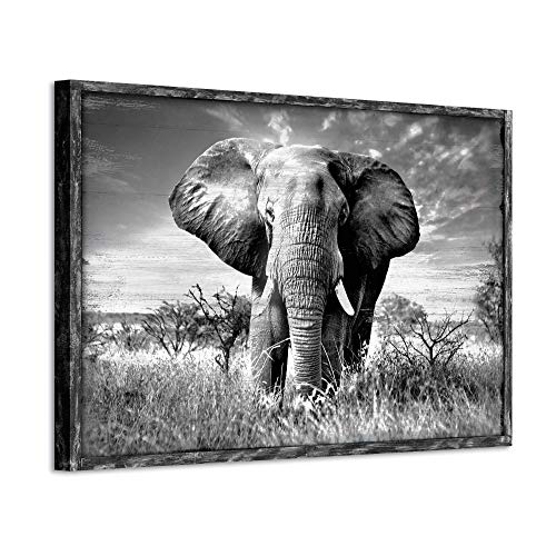 Elephant Picture Wooden Wall Art: African Wild Animals Artwork Framed Painting Print For Living Room (36''W X 24''H,Multi-Sized) #TOP18