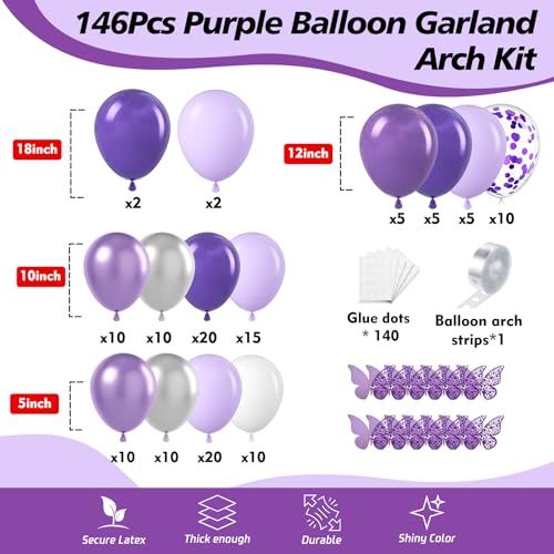 Image of 150Pcs Purple Balloons Garland Arch Kit - 5 10 12 18 inch Lavender Pastel Metallic Purple Confetti Balloons Silver White Latex Balloon for Girl Birthday Baby Shower Princess Party Decorations
