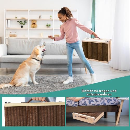 Umtiti Haustierrampe aus Holz, zusammenklappbar, tragbar, 4 Stufen, verstellbar, 22,9 cm bis 43,9 cm, mit Rutschfester 5 Pfoten-Traktionsmatte für kleine, mittelgroße Hunde.Dog Ramps-BN,DE