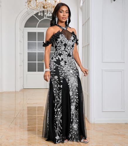 Image of Cololura Women Sexy Sequin Halter Neck Short Sleeve Mesh Perspective Party Bodycon Evening Cocktail Maxi Dress