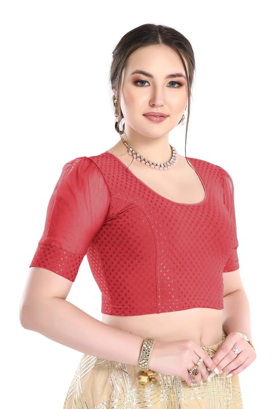 Image of FINESTFIT Stay On Trend Fashion 100% Cotton Readymade Blouses for Women,Round Neckline with Organza Balloon Sleeves.