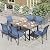 HERA'S HOUSE Patio Table and Chairs for 6, 7 Pieces Outdoor Deck Dining Sets, Wood-Like Rectangular Metal Table Set with Chairs for Lawn Garden Backyard, Blue