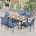 HERA'S HOUSE Patio Table and Chairs for 6, 7 Pieces Outdoor Deck Dining Sets, Wood-Like Rectangular Metal Table Set with Chairs for Lawn Garden Backyard, Blue