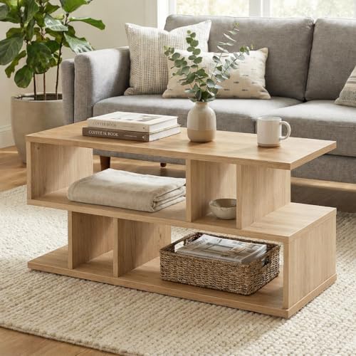 Image of FURLAY Zentro Classic Oak Coffee Table for Living Room, Modern Engineered Wood Center Table with Multi-Level Open Storage Shelves, 90 x 40 x 40 cm (FWCT2-Classic Oak)