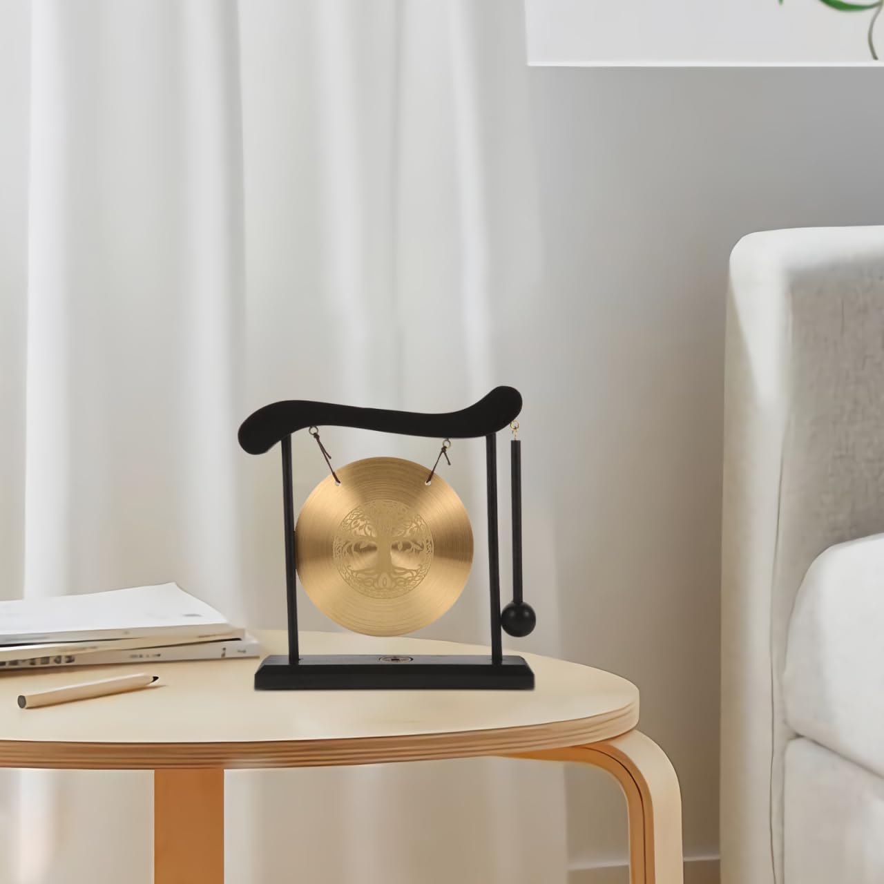 Zerodeko Kleiner Tischgong Lebensbaum aus Metall und Holz Gong Handwerkskunst Tischdekoration für Zuhause und Büro Gong Ornament mit Ständer