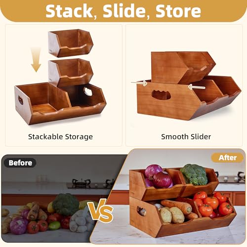 Wood Pantry Storage Baskets, Stackable Large Capacity Potato and Onion Storage Bins, Kitchen Pantry Organizers for Vegetables, Bread, Spices (Set of 3) - Image 5