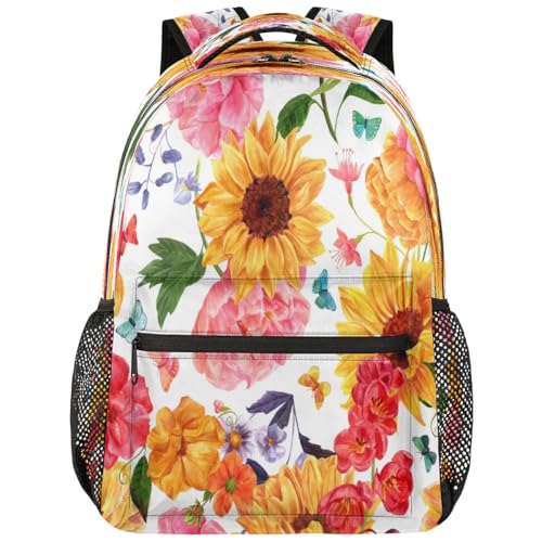 16 Inch Backpack Sunflower Peony Retro Waterproof Lightweight Travel Back Pack Adjustable Casual Rucksack For Men Women Daypack Fits Travel Outdoor Sport Work Hiking Gym Gifts