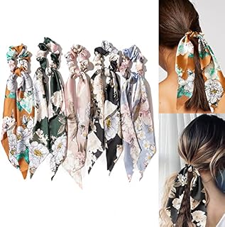 5PCS Chiffon Hair Bands Headband Scarfs Bowknot Hair Scrunchies for Women Girls,Triple layer Elastic Hair Ties Ponytail Holder Hair Print Bandanna Cute Bunny Ear Bow Scrunchies (5PCS Floral Headband)