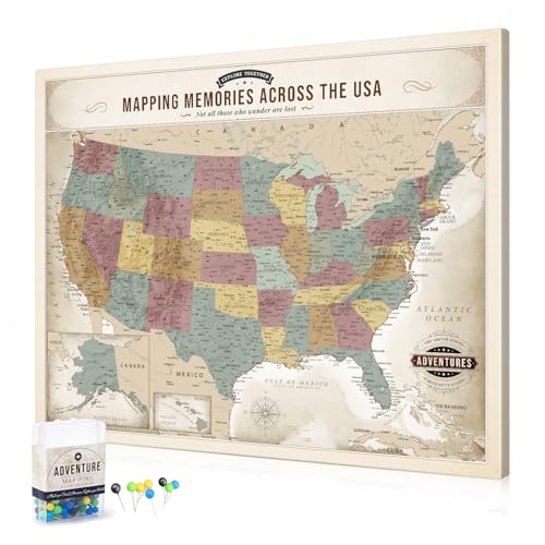Image of DECORARTS - Large Push Pin Travel Map USA, US Maps for Wall, Soft Vintage Pastel United States Pin Board Canvas Wall Art, Giclee Print, Handcrafted in USA, 35x28