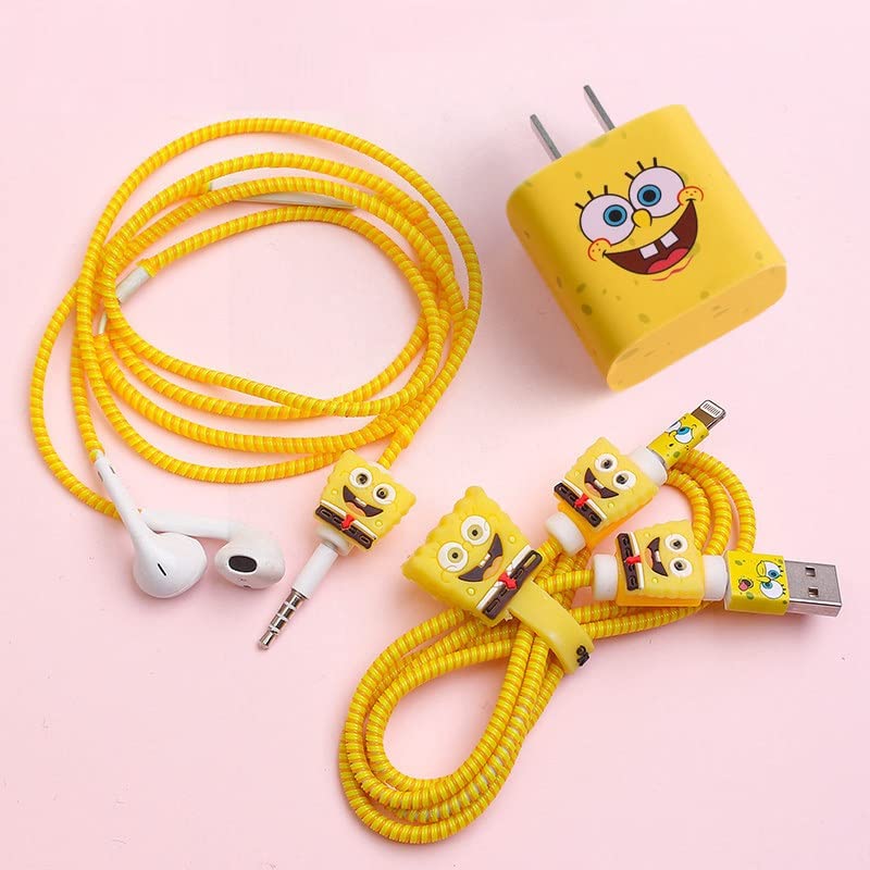 Image of Careflection 6-in-1 Multi Combo Spiral USB Cable Protectors + Earphones Winder + Sticker + Cable Clips + Earphone Jack Clip for New 20W Apple iPhone iPad Charger (Spongebob Squarepants)