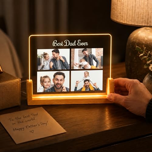 Image of Giftplease Personalized Best Dad Ever Acrylic LED Photo Lamp with Wooden Base | Custom Photo Night Light for Dad | Fathers Day Gift, Birthday Gift for Father, Personalized Desk Decor
