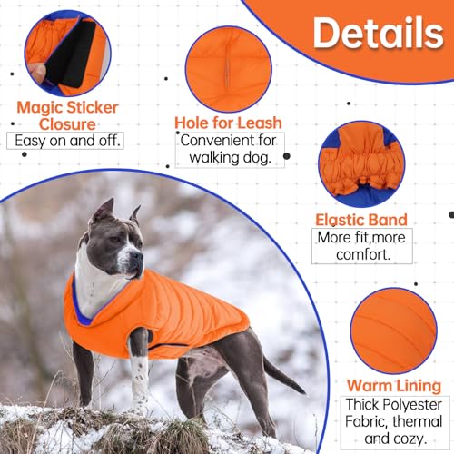 Image of Lelepet Reversible Dog Coat Windproof Dog Puffer Jacket Lightweight Vest | Soft Puffer Vest Warm Winter Coats for Medium Dogs Adjustbale Hook & Loop Pet Apparel with Leash Hole, French Bulldog, Orange