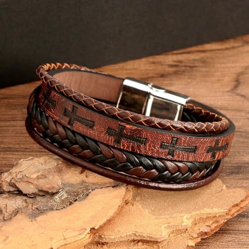 Mens Leather Cross Bracelet Multi-Layer Braided Faith Bracelet Religious Wristband Father's Day 8.5" Memory Bangle with Stainless Steel Buckle3