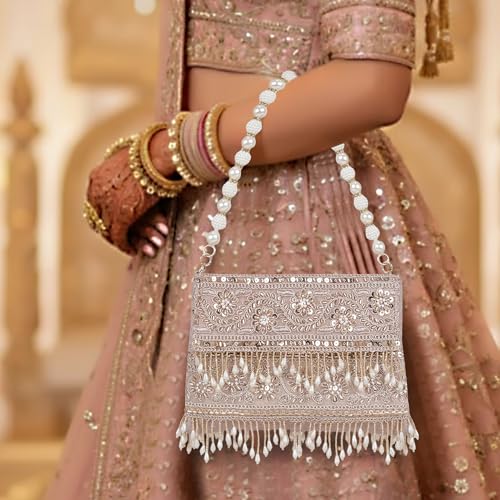 Image of Nevis PU Silk Fabric Women's Embellished bride Clutch with Pearl Handle | Fancy Designe & Wedding Potli Bag for Festive & Evening