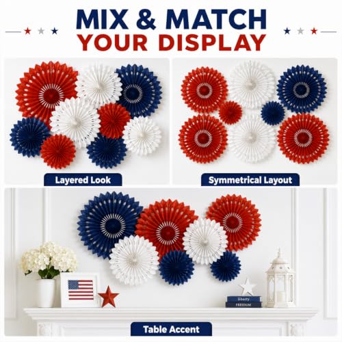 Image of Red White Blue Hanging Honeycomb Round Paper Fans Decoration Patriotic Theme Tissue Paper Fan Garland for Shower Birthday Graduation Wedding Party Supplies 11 Count