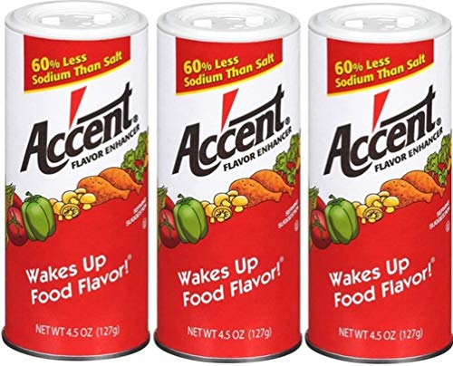 Ac'cent Flavor Enhancer 00054 All Natural 4.5 Oz. Wakes Up Food Flavor Canister (Pack of 3); Ideal for Meats, Poultry, Vegetables, Soups and Salads, Monosodium Glutamate Imparts an Umami Flavor