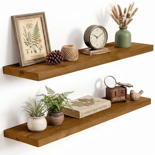 Image of Solid Wood Floating Shelves for Wall 36 inch,Walnut Wooden Shelf Set of 2