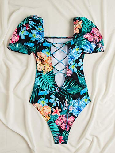 Wdirara Women's Floral Tropical Print One Piece Swimsuit Crisscross Monokini Multicolored M #TOP3