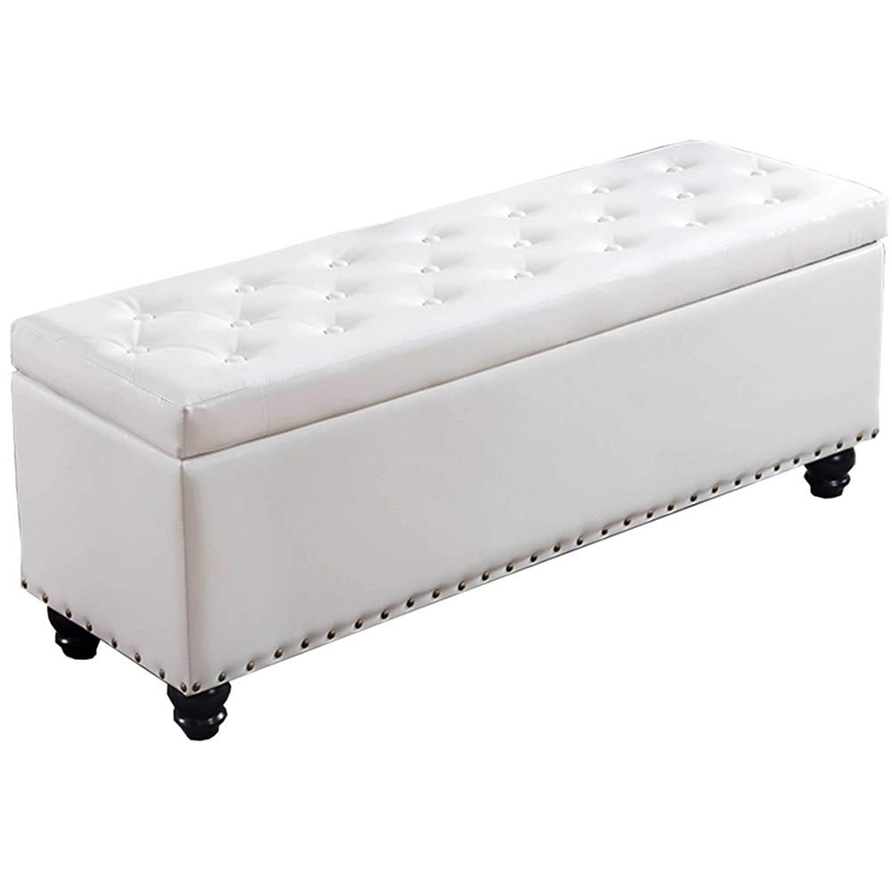 Pouf banc de rangement en bois et cuir PU blanc pour couloir et salon