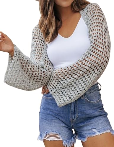 Womens Oversized Crochet Knit Lightweight Cropped Sweater Shrug Fall 2024 Hollow Out Long Sleeve Short Cardigans