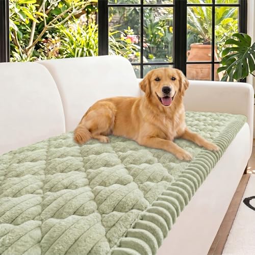 NILUOH Couch Cover for Dogs Washable, Thick Flannel Couch Cover for Sofa, Furniture Cover for Pets with Non Slip and Elastic Straps, Suitable for Sectional Sofa/Loveseat (Light Green, 27.6" x 70.9")