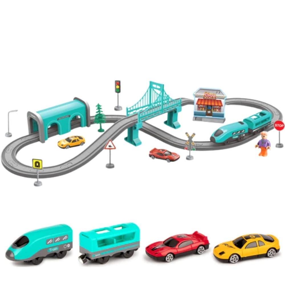 Happy Hues DIY Train & Car Track Set for Kids-66 Pcs| Battery-Powered Train Toys | Police Rescue Theme Accessories for 3 4 5 6 Years Old Kids-Boys & Girls (Green) (B09SKQH766) Amazon Price History, Amazon Price Tracker