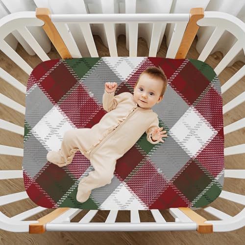 Image of Crib Sheet Breathable Soft Crib Mattress Sheet for Baby Toddler Boys Girls Fitted Crib Sheet Fit Standard Crib Mattress 52 x 28 Inch Christmas Plaid Pattern Red