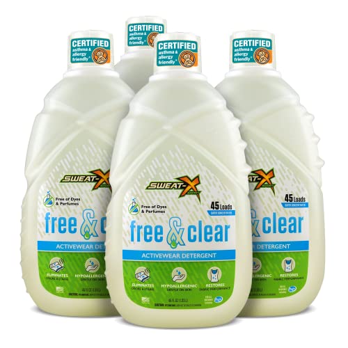 Sweat X Sport Free & Clear - Detergente para ropa deportiva - Certificado para asma y alergia - Hipoalergénico - para ropa deportiva y uso diario, 180 cargas (caja de 4-45 botellas de carga)