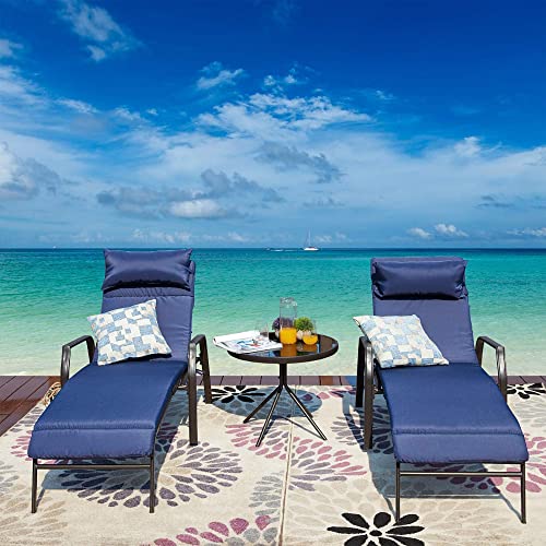 Lokatse Home 3 Pieces Outdoor Patio Chaise Lounges Chairs Set Adjustable With Folding Table, Dark Blue Cushions #TOP5