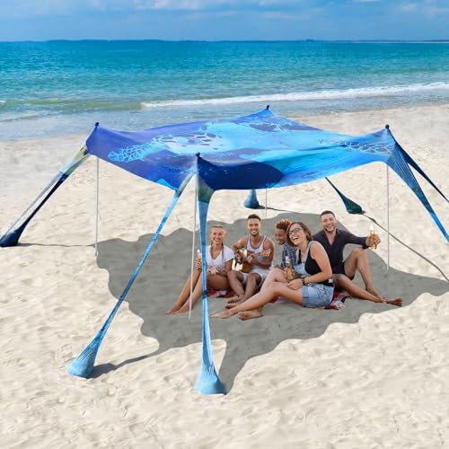 Rhino Valley Beach Tent, 10x10 FT Beach Shade UPF50+ Protection,Beach Canopy with 8 Sandbags 4 Stability Poles,Outdoor Beach Tent Sun Shelter Umbrella for Sand,Camping,Fishing Essentials, Turtle