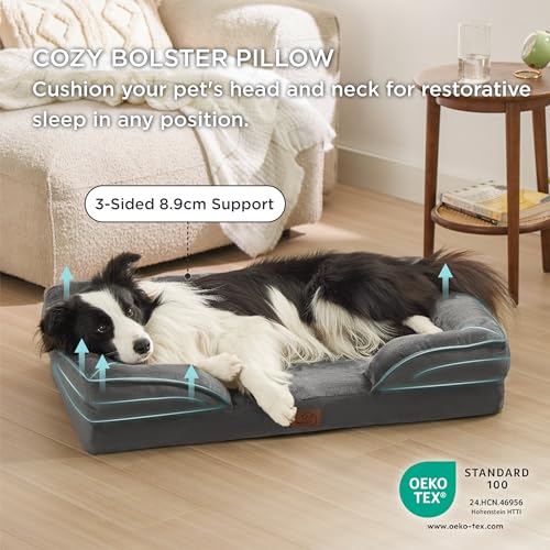 BEDSURE orthopädisches Hundebett Ergonomisches Hundesofa - 89x63 cm Hundecouch mit eierförmiger Kistenschaum für mittlere Hunde, waschbar rutschfest Hundebetten, dunkelgrau
