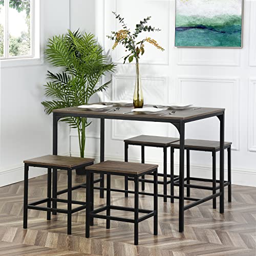 H.J WeDoo Dining Table with 4 Stools, 5 Piece Dining Room Set for Home Kitchen, Industrial Breakfast Table Chair Set, Metal Frame, Vintage Brown & Black