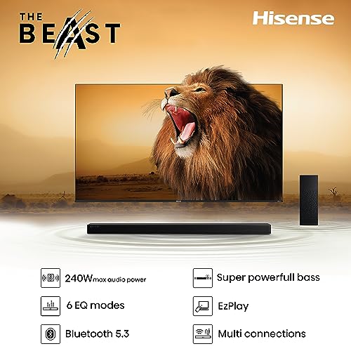 Hisense HS2100 2.1 Soundbar Home Theater System mit kabellosem Subwoofer, 240W, Dolby Audio, Bluetooth, HDMI ARC/Optical/AUX/USB, Schwarz