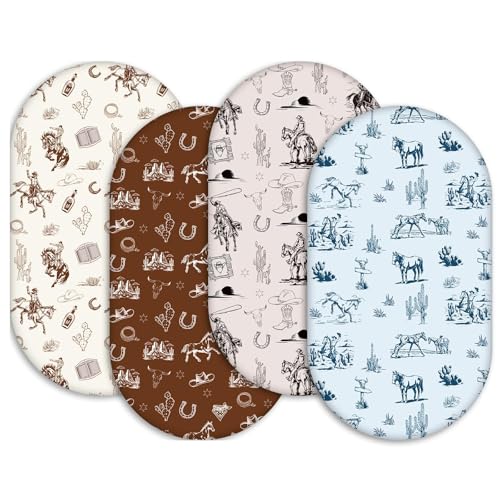 Image of 4 Pack Vintage Western Cowboy Bassinet Sheets, 32x16x3.9 Inches Soft Breathable Fitted Crib Sheets for Standard Bassinets, Cute Printed Newborn Bedding for Baby Boys & Girls