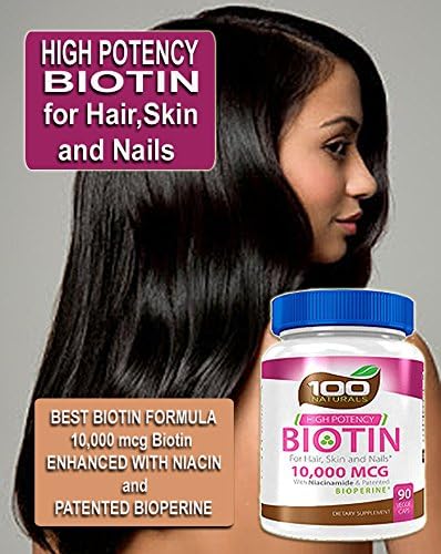 Pure Biotin 10,000 MCG - Maximum Strength Vitamin B - Complex Supplement to Reduce Hair Loss, Improve Hair, Skin and Nail Health for Women and Men– 3 Month Supply- by 100 Naturals