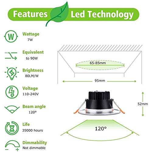 Focos empotrables LED de 7W blancos para techos con corte de 65-85mm 5