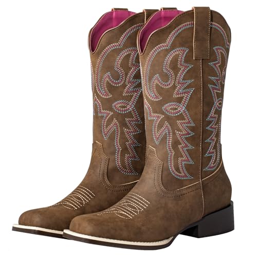 Image of SheSole Women's Fashion Wide Square Toe Western Cowgirl Cowboy Boots Mid Calf