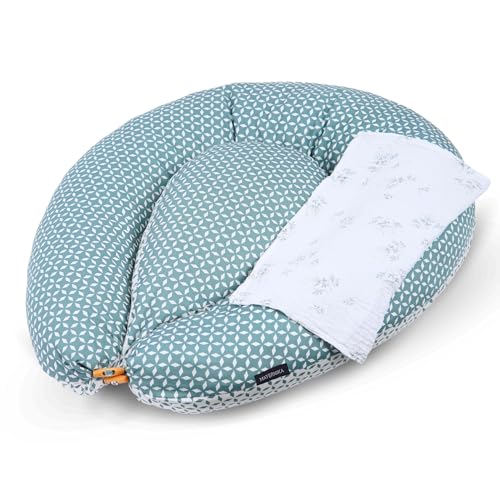 MATERNIKA Almohada Embarazada y cojin de Lactancia- tamaño XL y multifunción 3 en 1, para Dormir, para la Lactancia y como Nido Bebe con Relleno de Espuma viscoelástica - Incluye Muselina para Bebe.