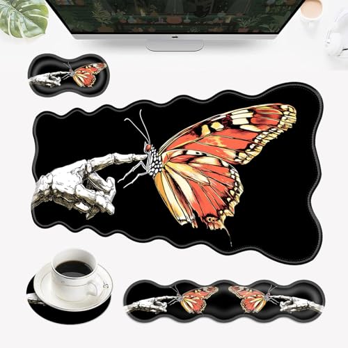Tapis de souris ergonomique 4 en 1 pour bureau en tissu imprimé papillon et squelette