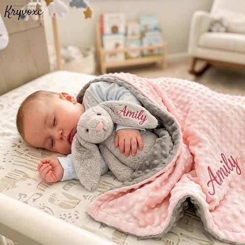 Personalized Baby Blanket and Plush Bunny Set, Custom Baby Blankets and Rabbit with Name, Personalized 2 in 1 Gift Set for Boy Girl Toddlers, Minky Dot Swaddle, Gift Set for Showering, Birthday